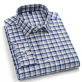 Men's 100% pure cotton, long-sleeved, blue and grey plaid casual shirt with a front pocket