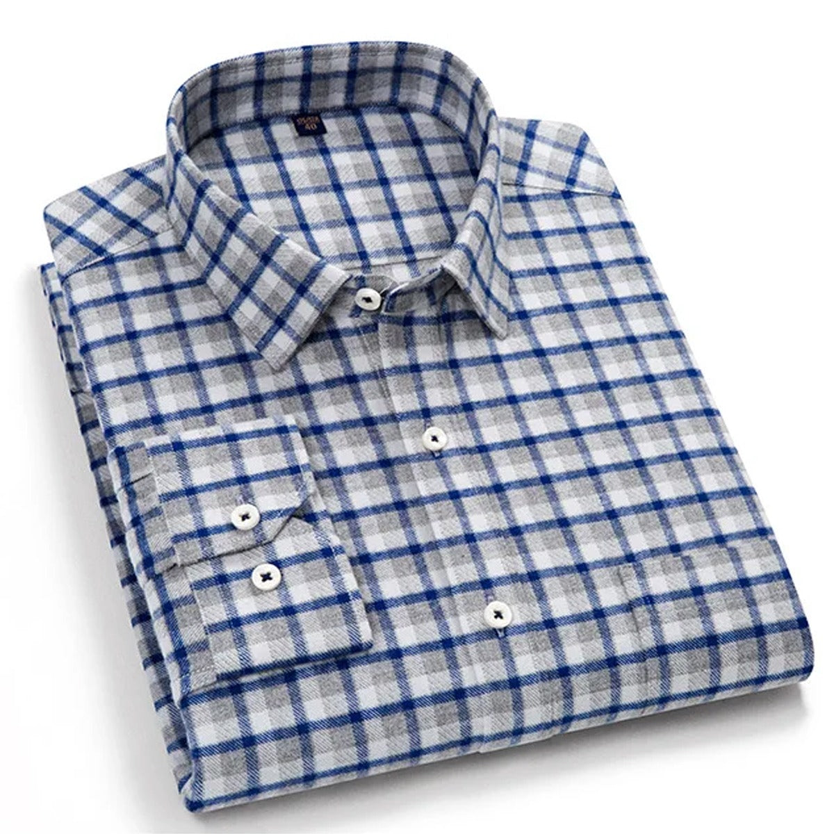 Men's 100% pure cotton, long-sleeved, blue and grey plaid casual shirt with a front pocket