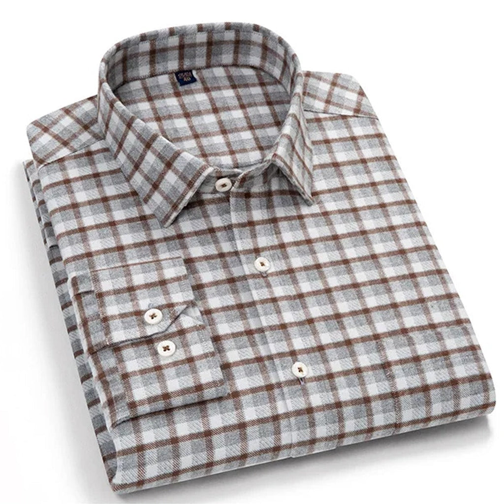 Men's 100% cotton plaid flannel full shirt in a grey and brown check pattern