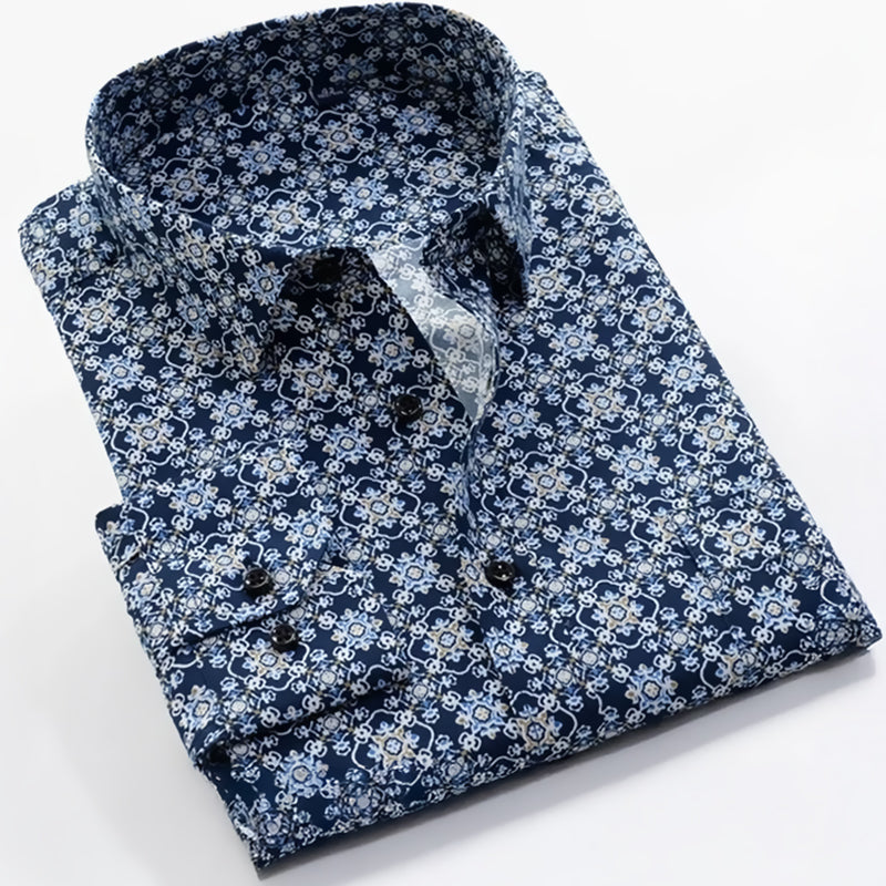 Casual Men Blue Full Sleeves Flower Print Cotton Shirt