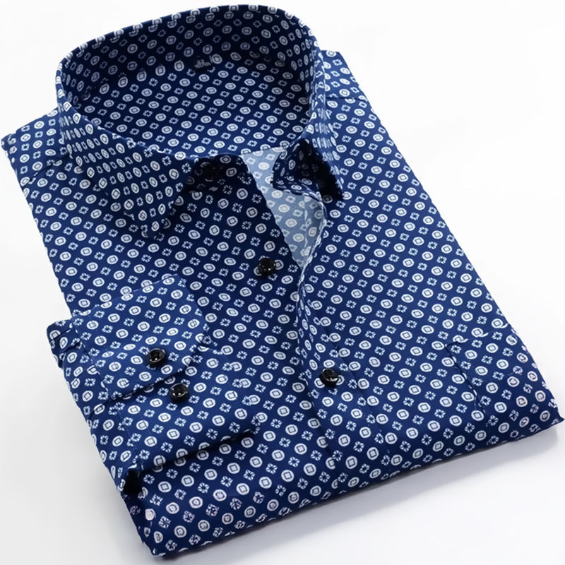 Men's blue and white geometric or floral print long-sleeve casual shirt